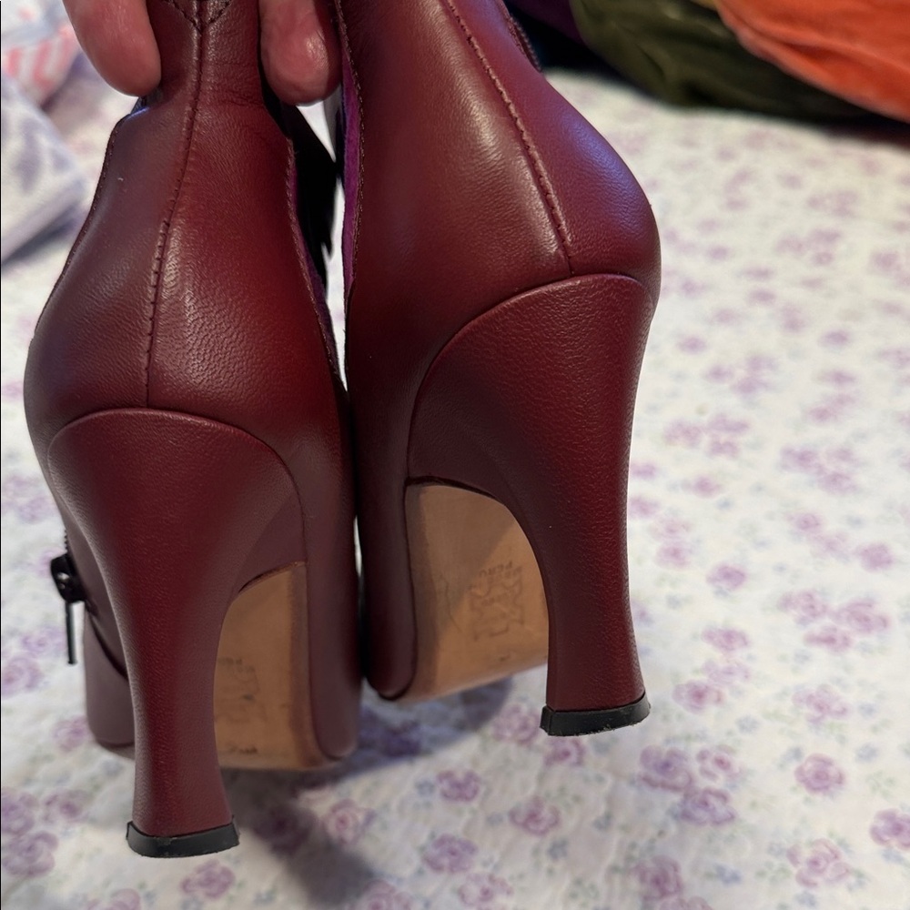 John Fluevog Burgundy Leather Ankle Boots with Pink, Blue & Red Accents - Picture 3 of 5